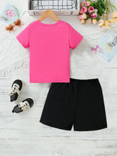 2pcs Summer Casual Butterfly & Slogan Printed Short Sleeve T-Shirt And Shorts Set For Girls